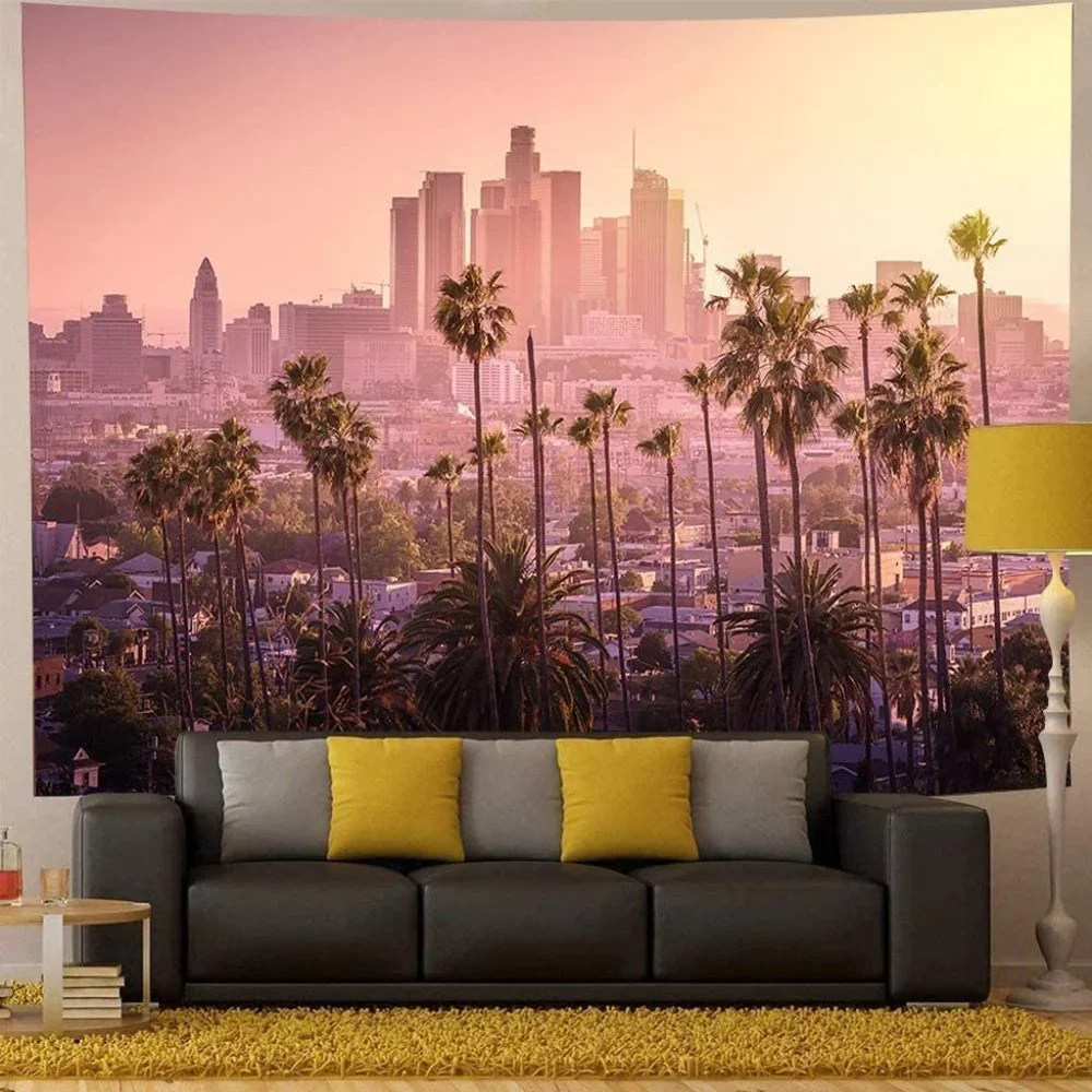 Los Angeles Pink Sunset City Skyline Cityscape Wall Indoor Pretty Decor Tapestry